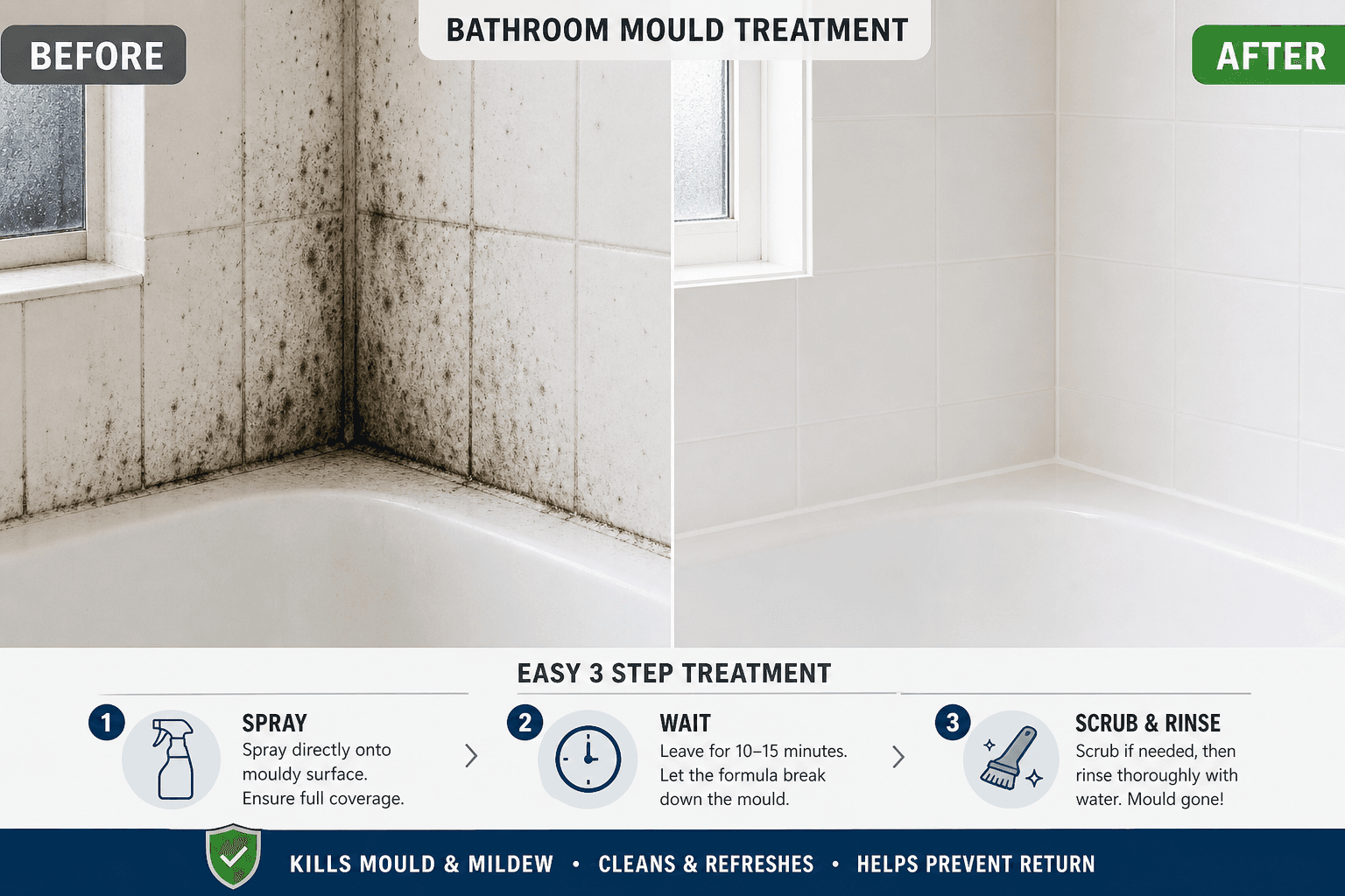 UK bathroom corner with black mould on painted wall above bath, tradesperson measuring patch with tape, realistic interior photo