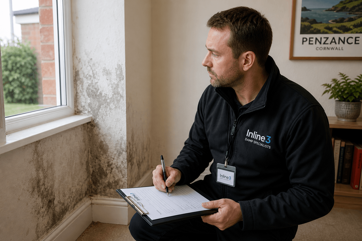 PCA damp specialist with clipboard in UK living room, condensation on window, candid documentary photograph