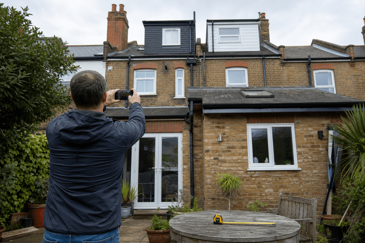 Homeowner photographing a UK roof from the garden to prepare for roofer quotes