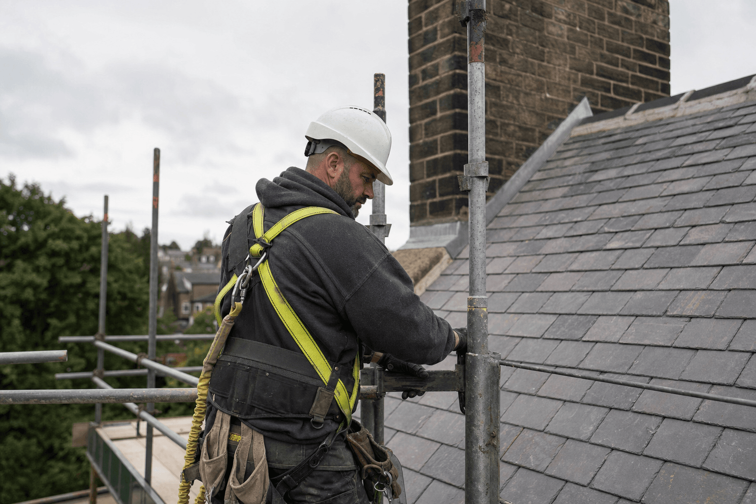 Roofer on scaffolding with safety harness inspecting a UK slate roof