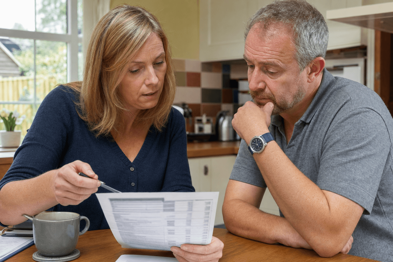 Homeowner reviewing a written roofing quote at a kitchen table in the UK