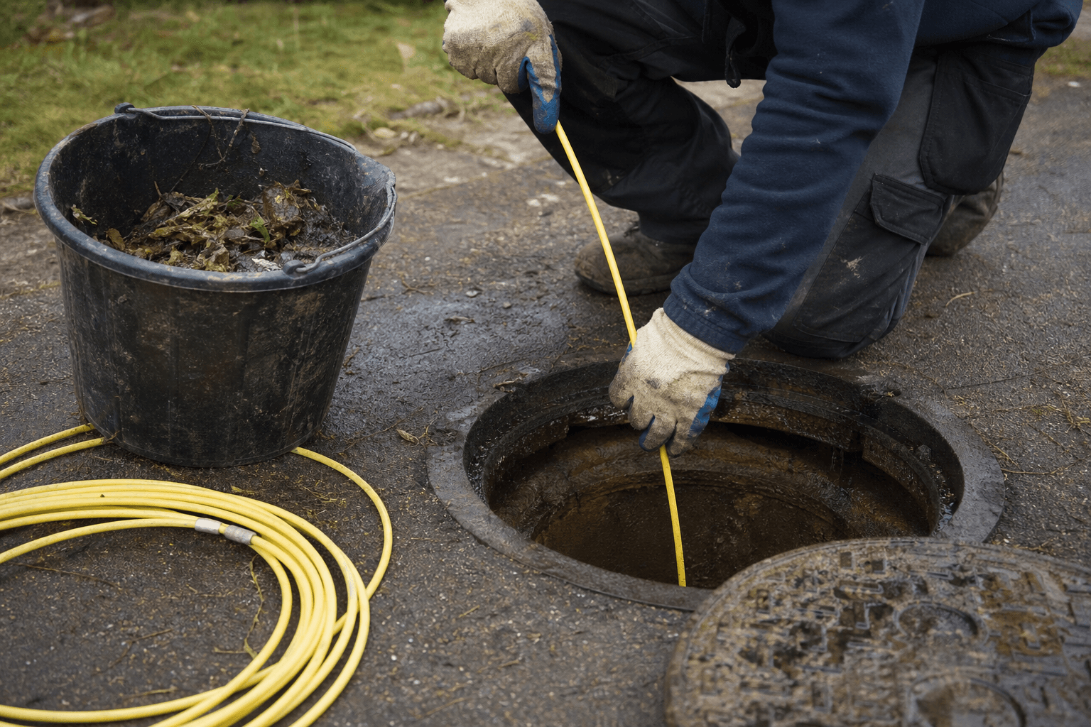 Drain rods being used at an open inspection chamber to clear a blocked run