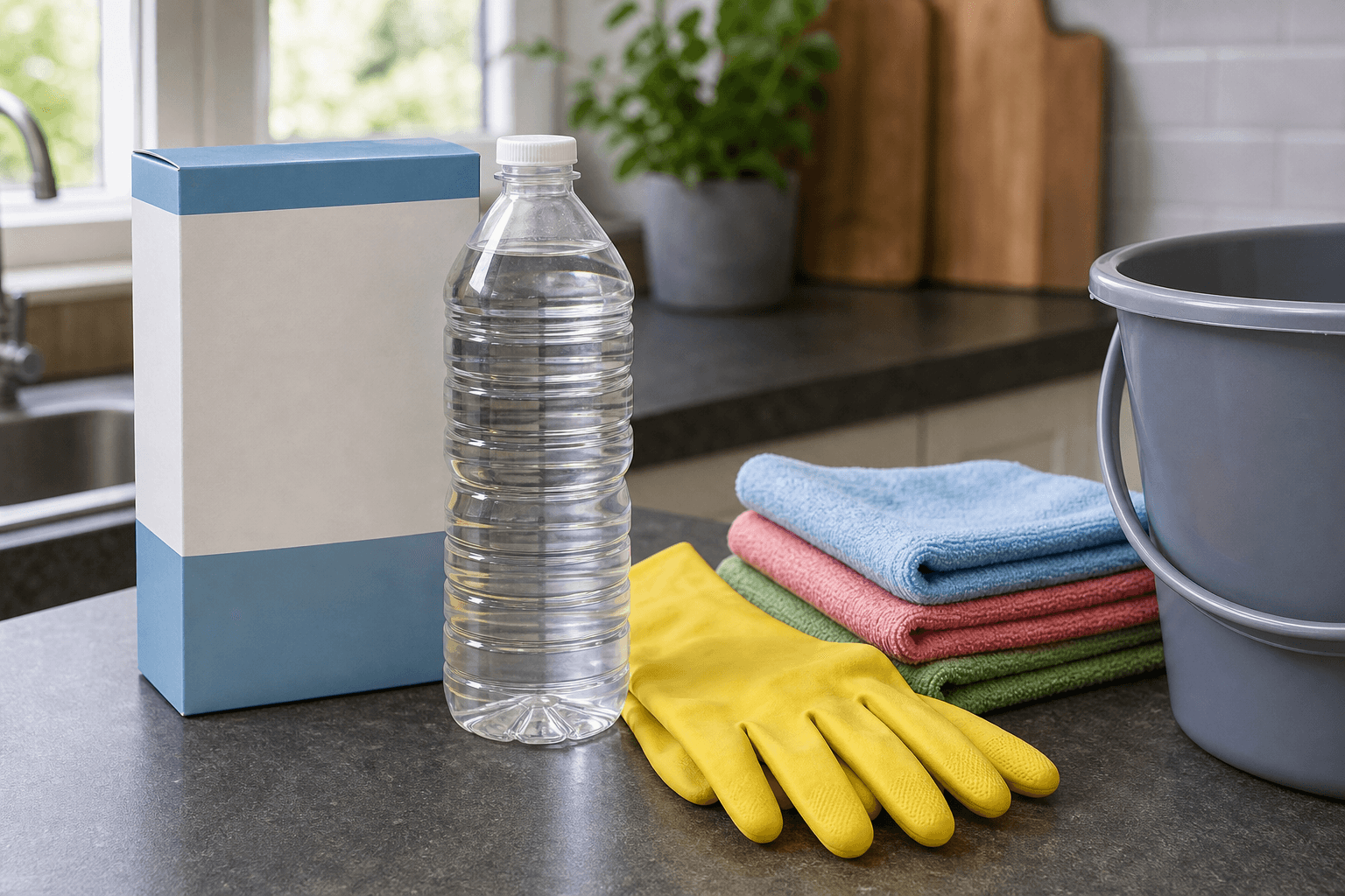 Kitchen deep cleaning supplies on a UK worktop including vinegar, cloths and gloves