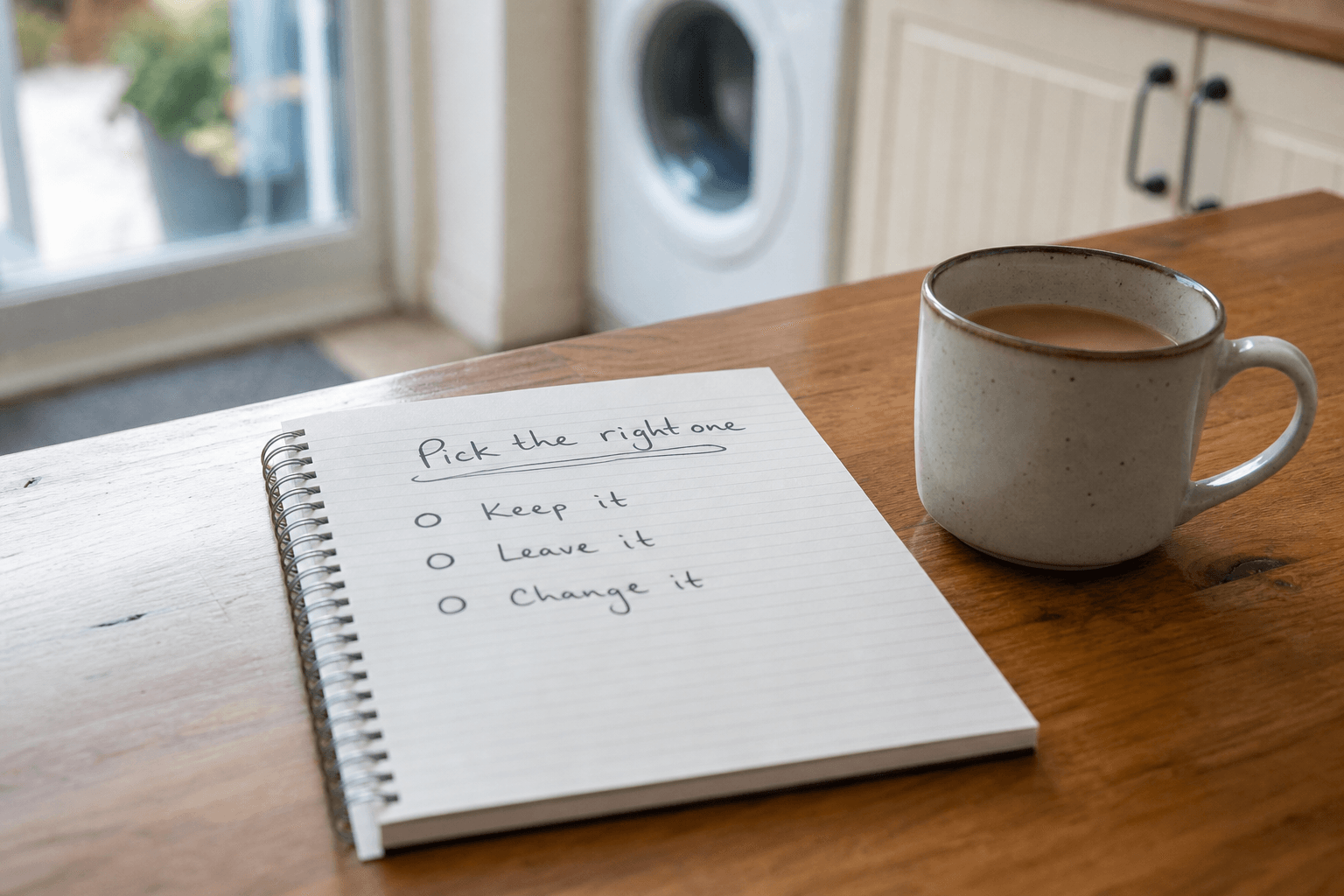 Notebook listing loft, garage and extension options beside a mug of tea on a UK kitchen table