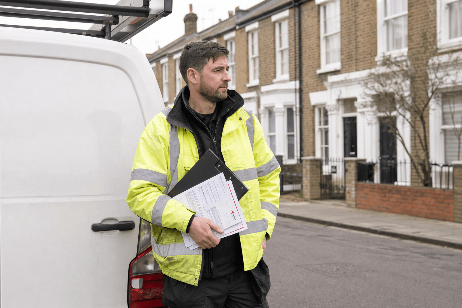 Qualified UK electrician with clipboard beside a van on a residential street
