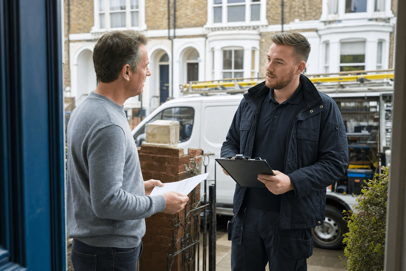 UK homeowner interviewing an electrician on the doorstep with paperwork