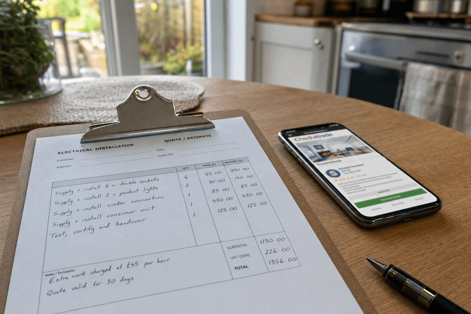 Electrician quote on clipboard with smartphone showing trades register