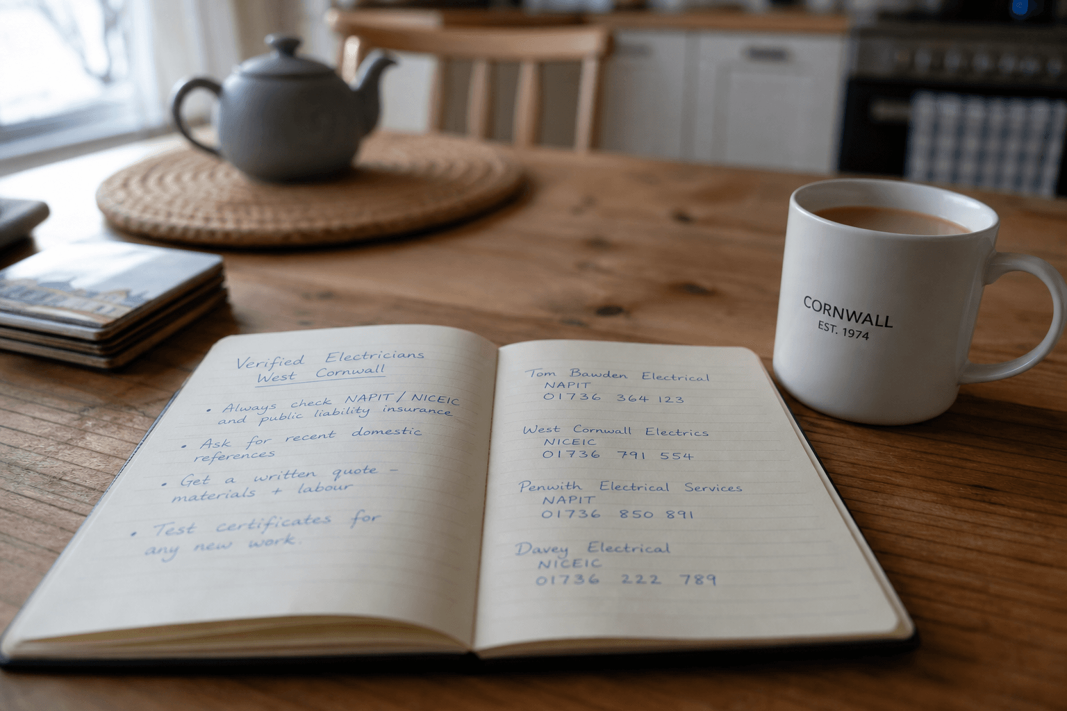 Notebook with notes about verified electricians and a mug of tea on a kitchen table