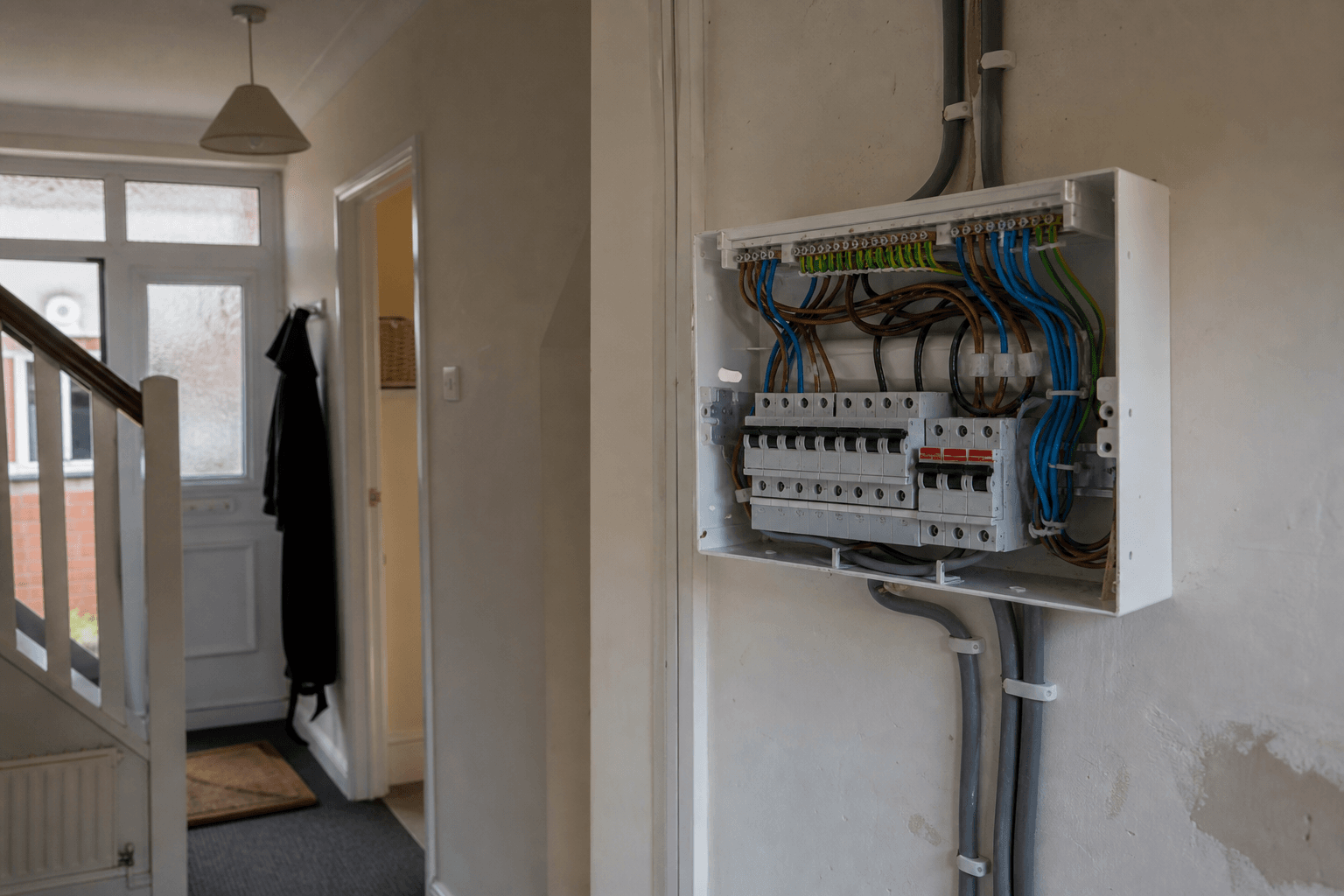 Open consumer unit in a UK home hallway showing domestic electrical wiring