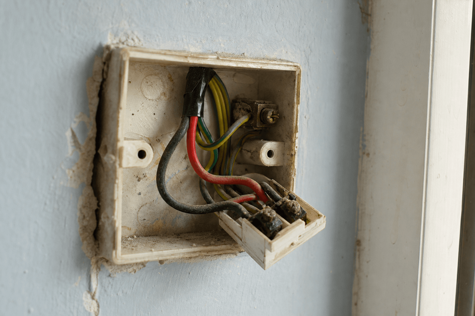 Old UK wiring with red live and black neutral conductors in a junction box