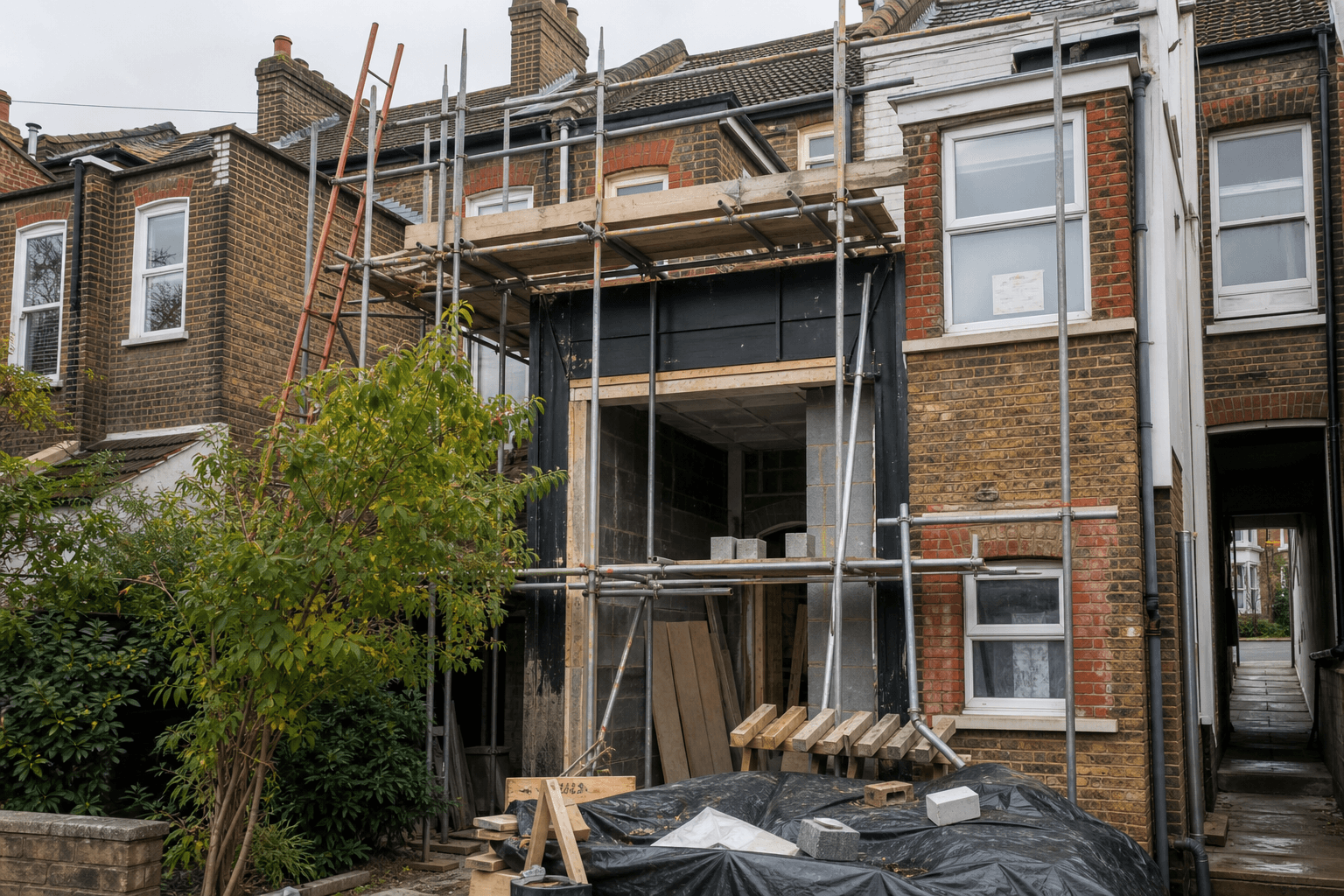 UK terraced street with rear extension scaffolding and party wall notice in window