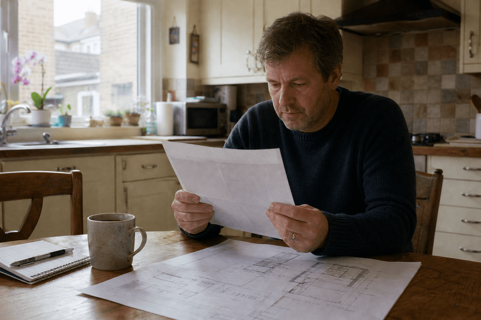 Homeowner reviewing a Party Wall Act notice and measured plan on a UK kitchen table