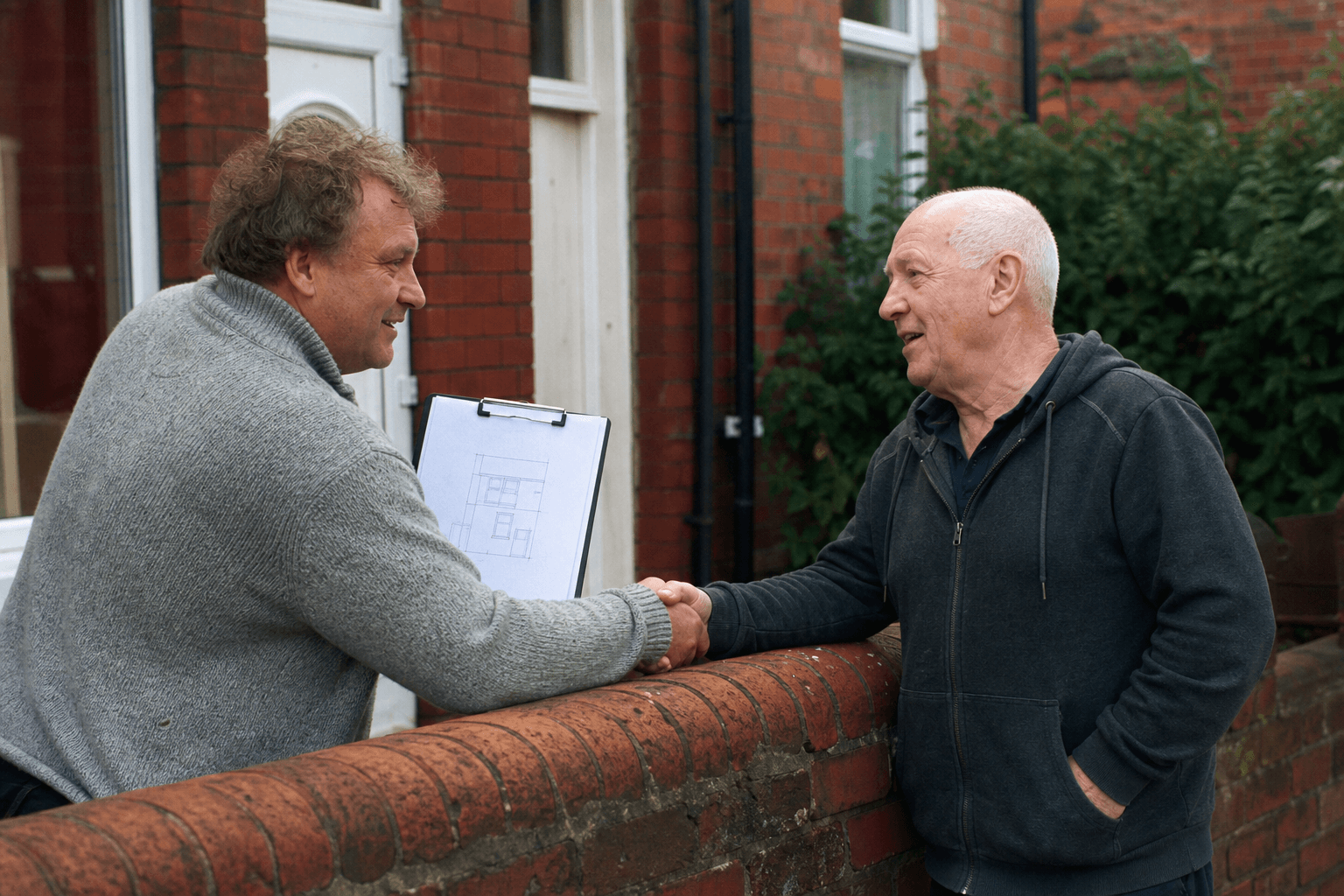 Two UK neighbours shaking hands across a low brick boundary wall with a measured drawing