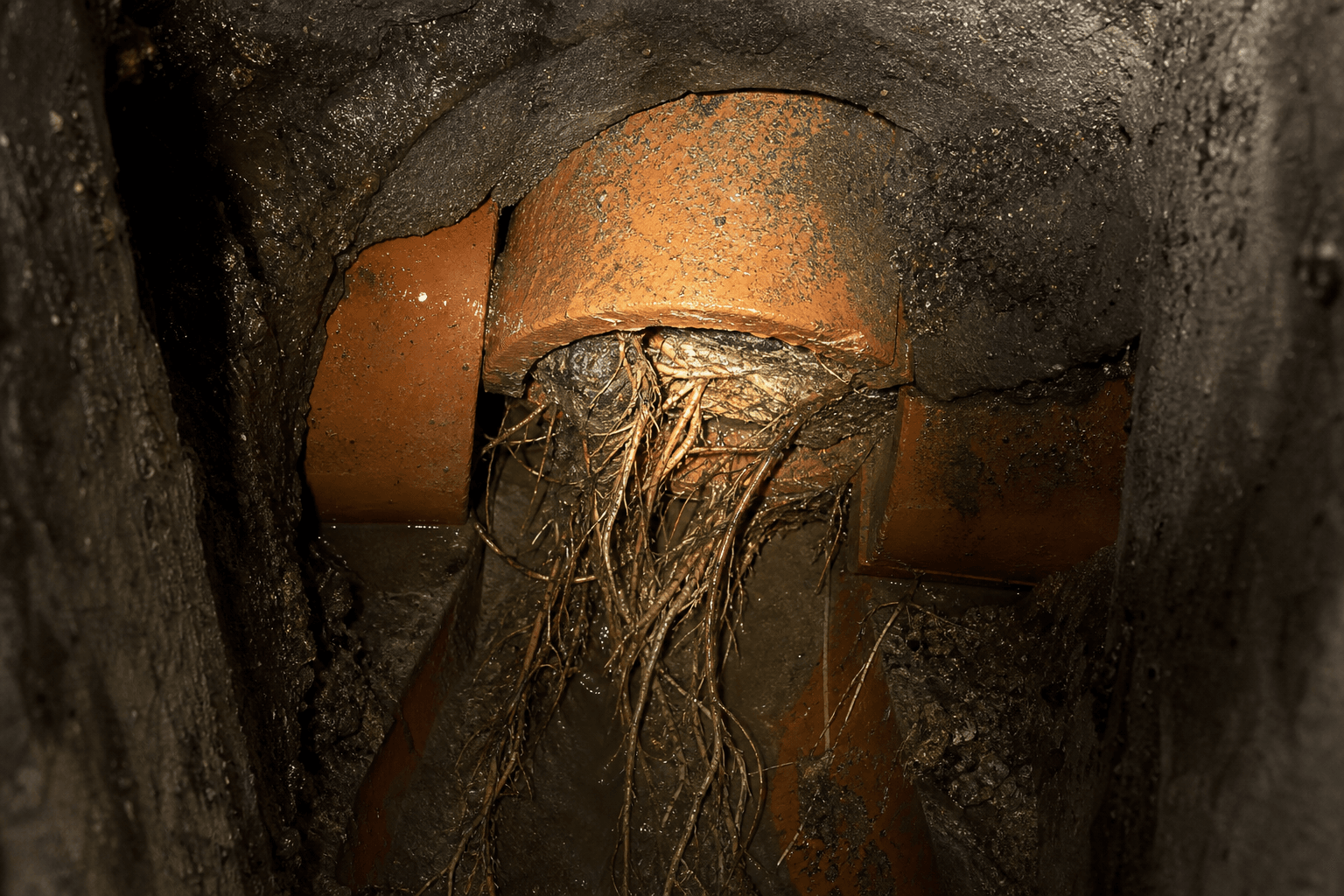 Tree roots through a clayware drain joint inside an opened lateral chamber