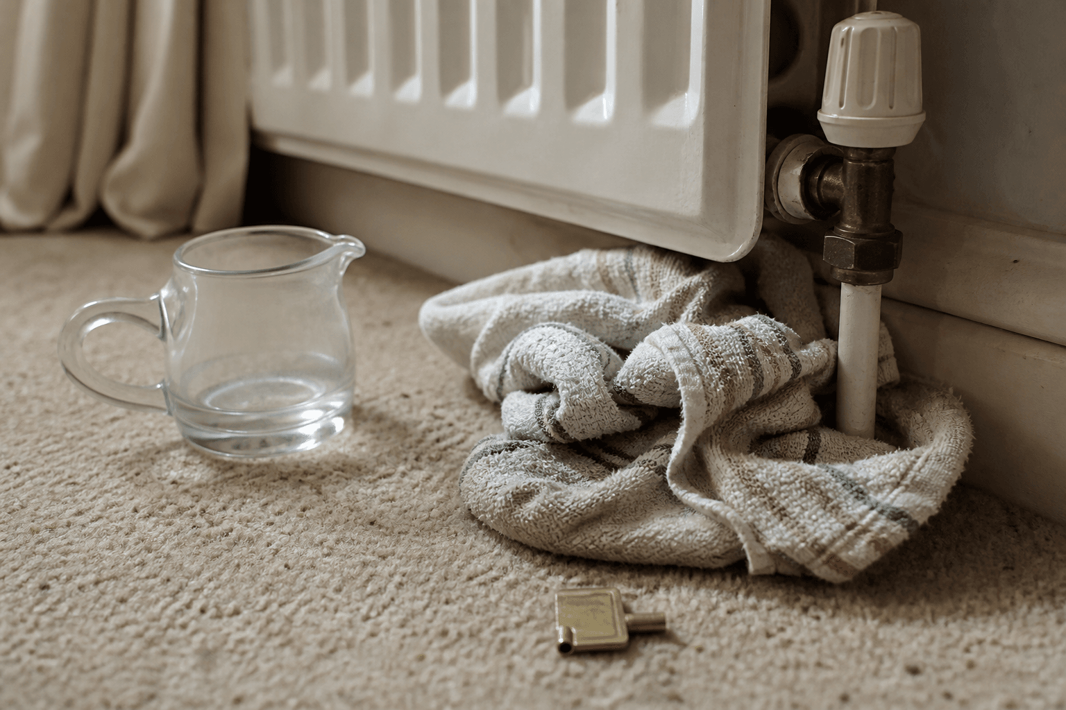 Brass radiator bleed key, cloth and jug beside a UK radiator