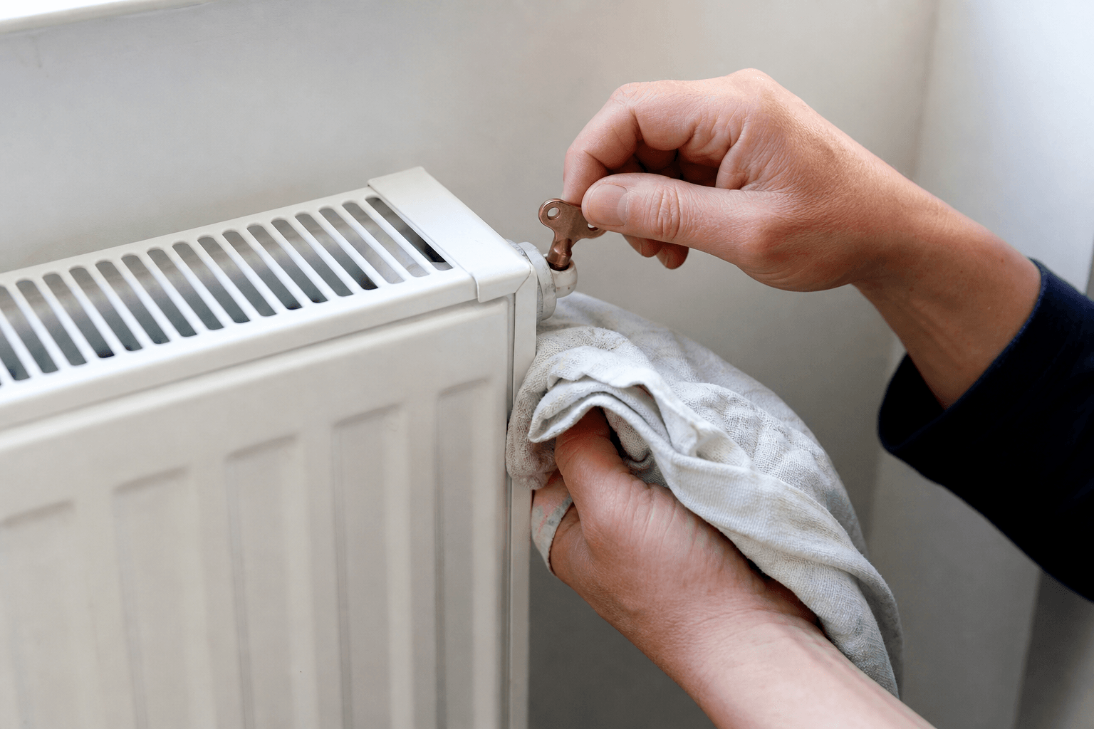 Hands opening a radiator bleed valve with a key and cloth