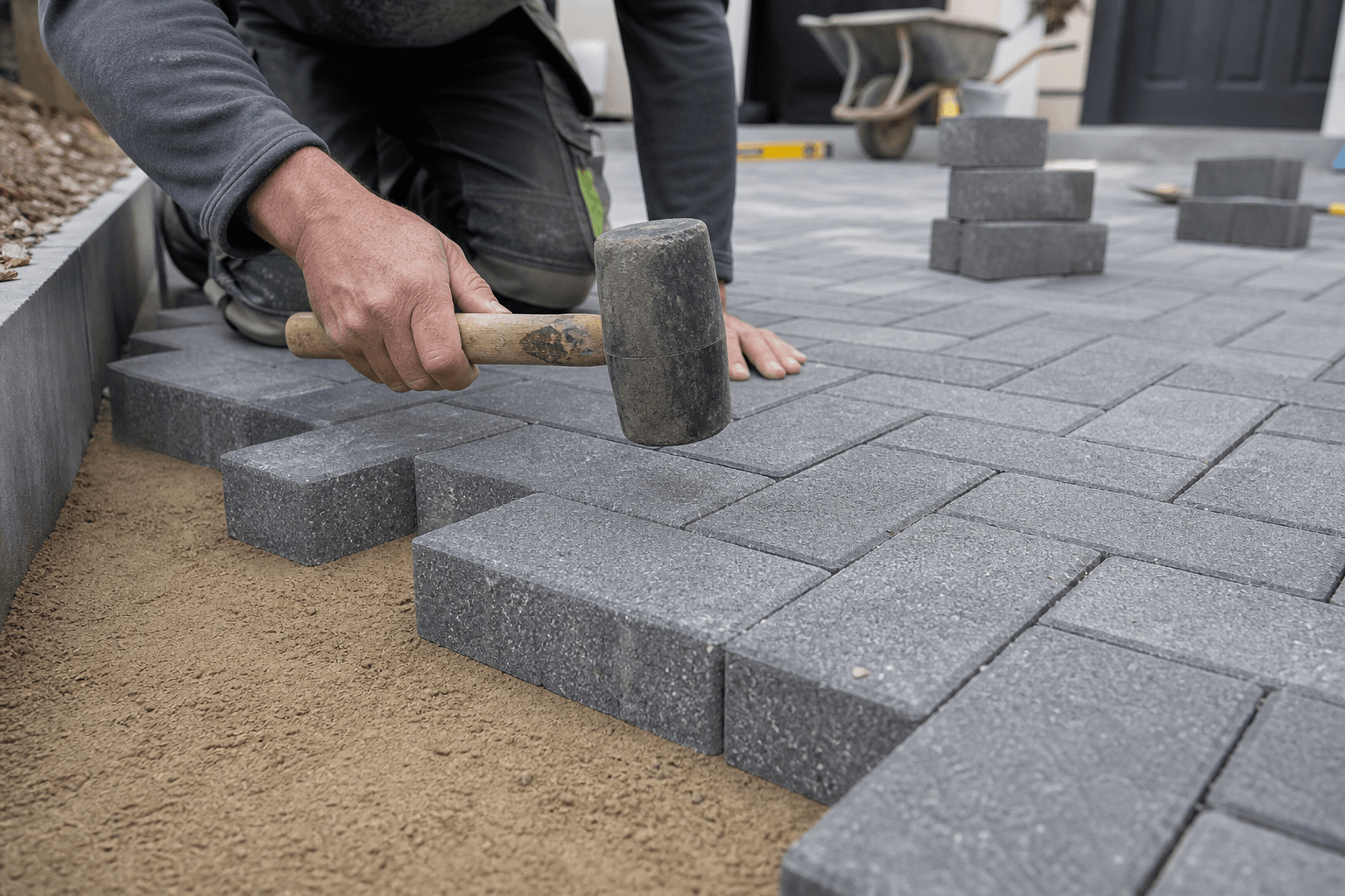 Installer laying grey herringbone block paving on a UK driveway