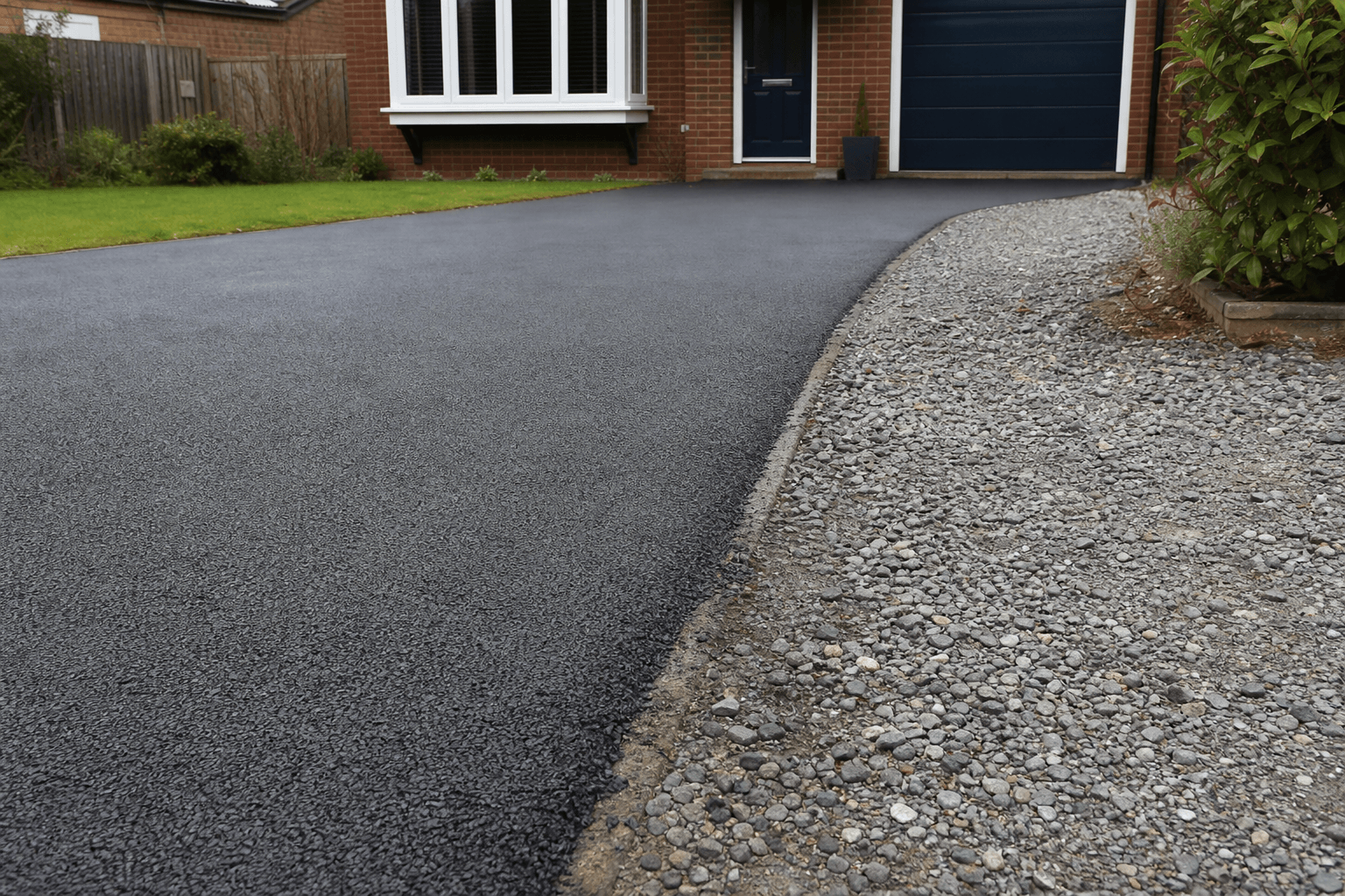 Fresh tarmac driveway edge beside loose gravel on a UK front garden