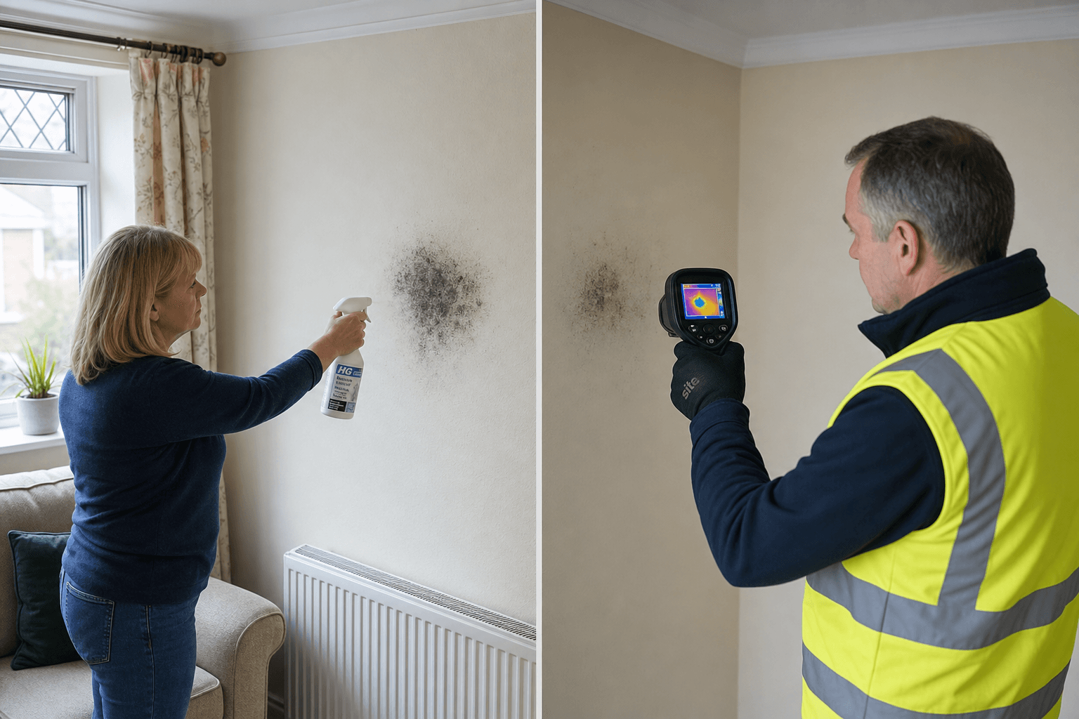 UK living room split view: homeowner treating mould on wall and PCA surveyor with thermal camera