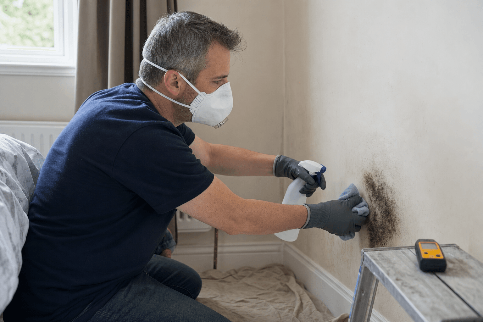 Homeowner in FFP3 mask treating a small mould patch on a UK bedroom wall