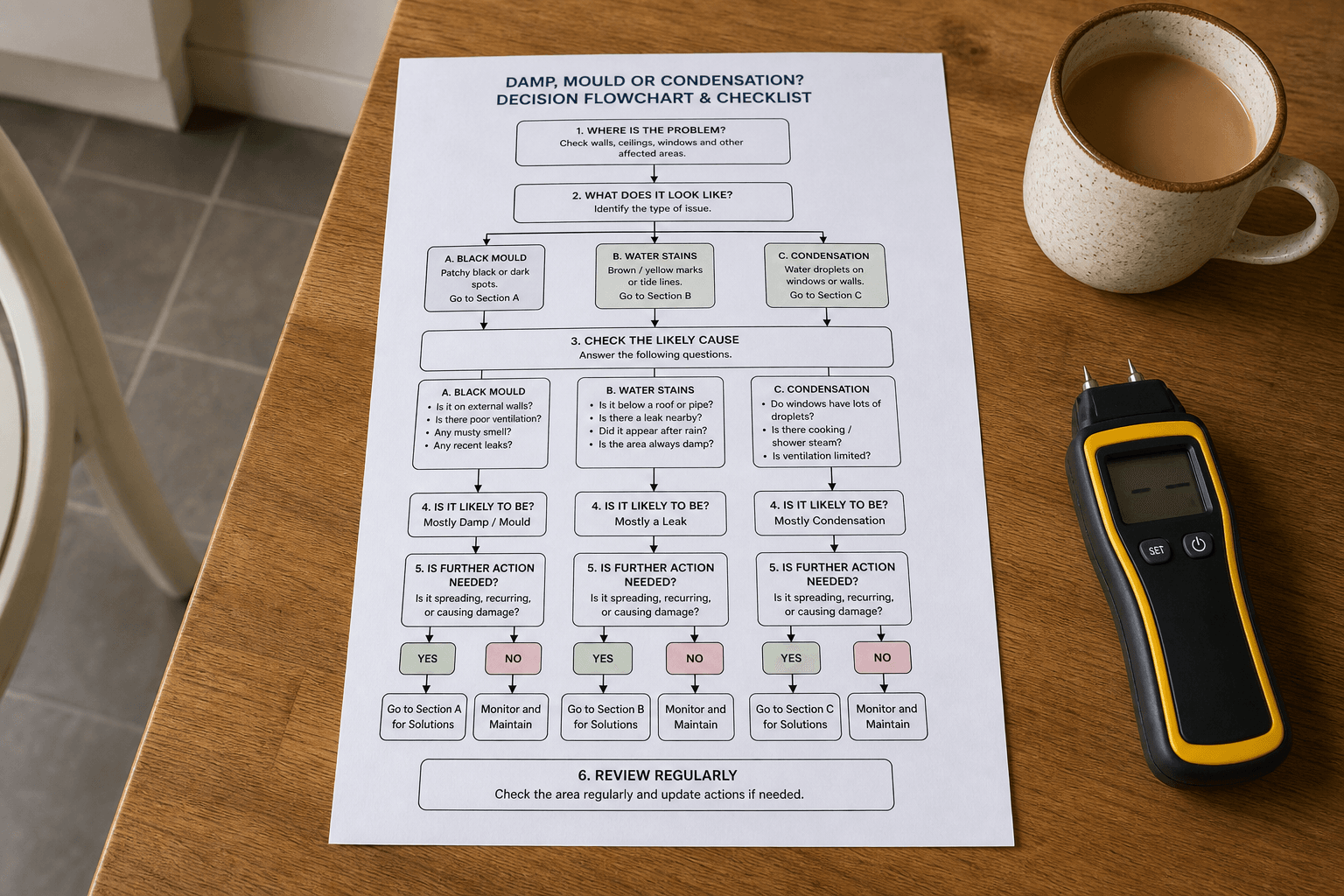 Printed DIY versus professional mould treatment decision flowchart on a kitchen table