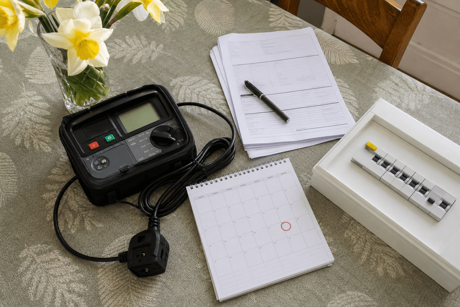 Flat lay of PAT tester, EICR checklist and RCD test calendar on a UK table
