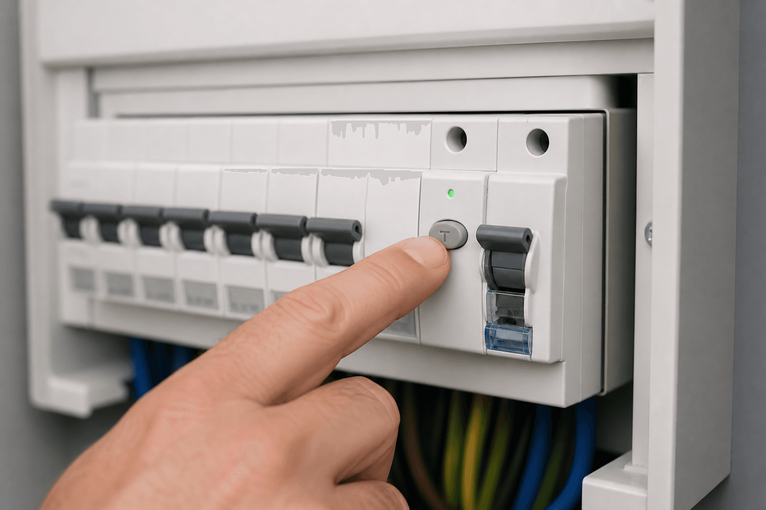 Close-up of a finger pressing the test button on a UK consumer unit RCD