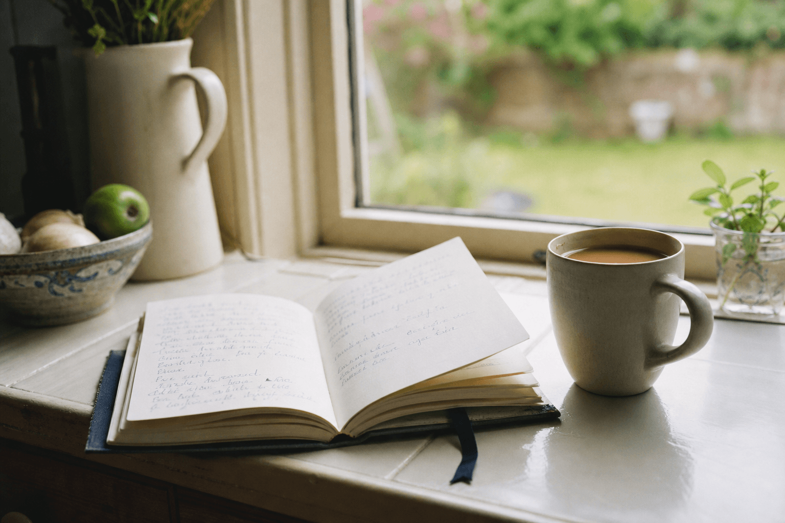 Notebook and mug of tea by a window as a reminder to book an EICR
