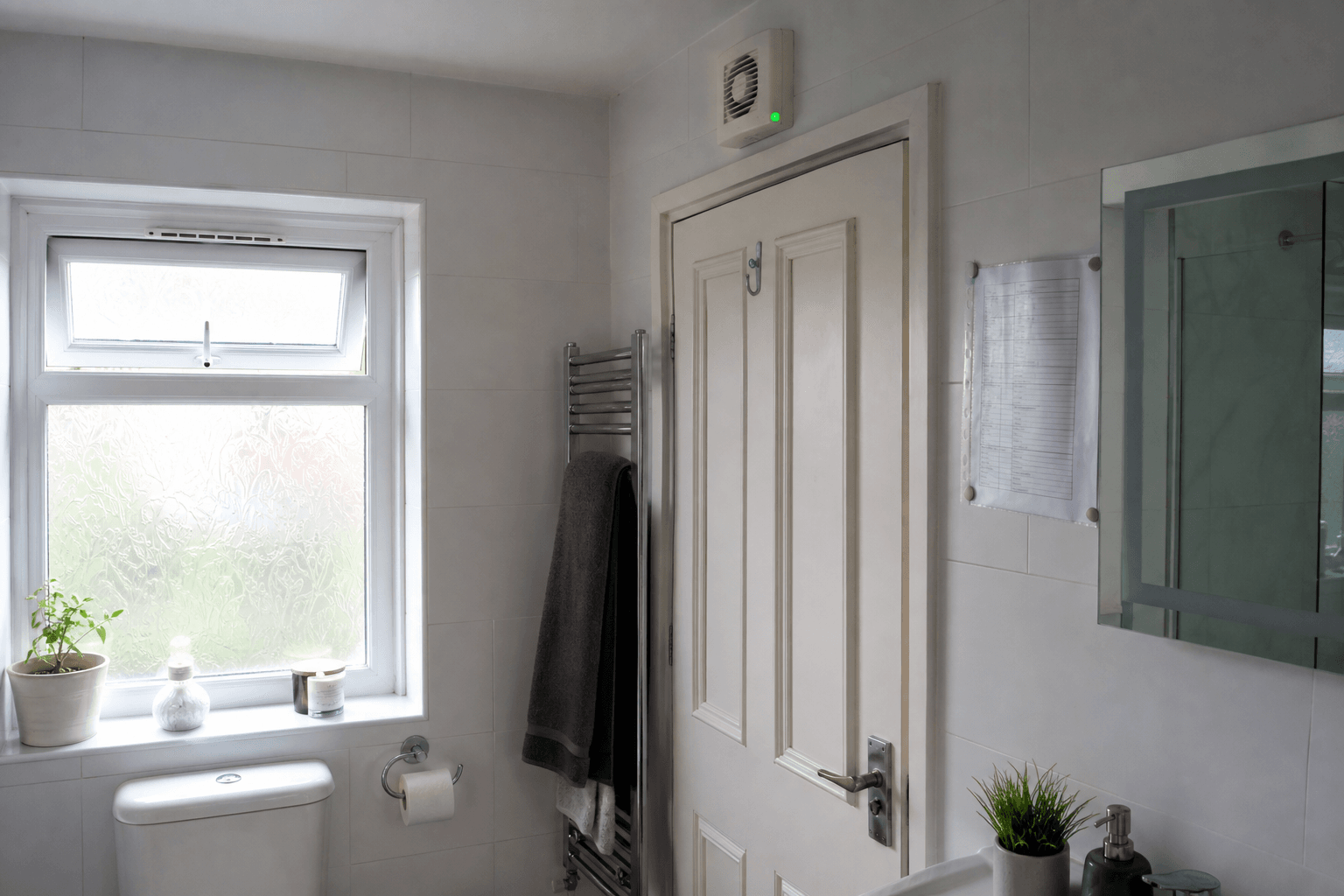 UK bathroom with extractor fan running and window vent open for damp prevention