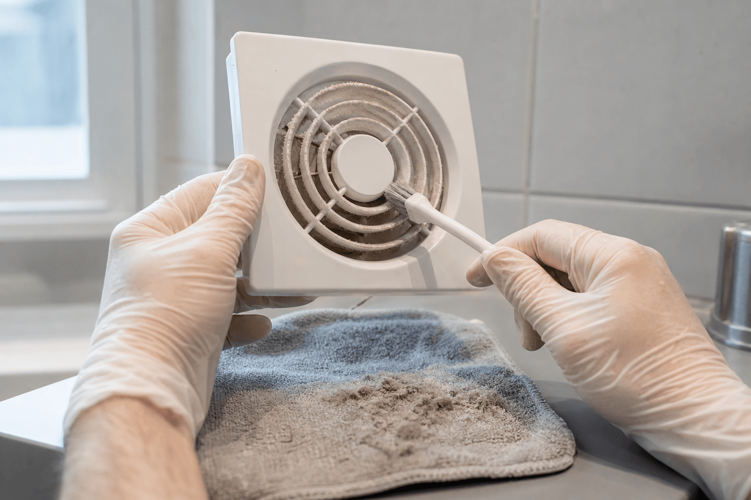 Cleaning bathroom extractor fan grille with brush and cloth
