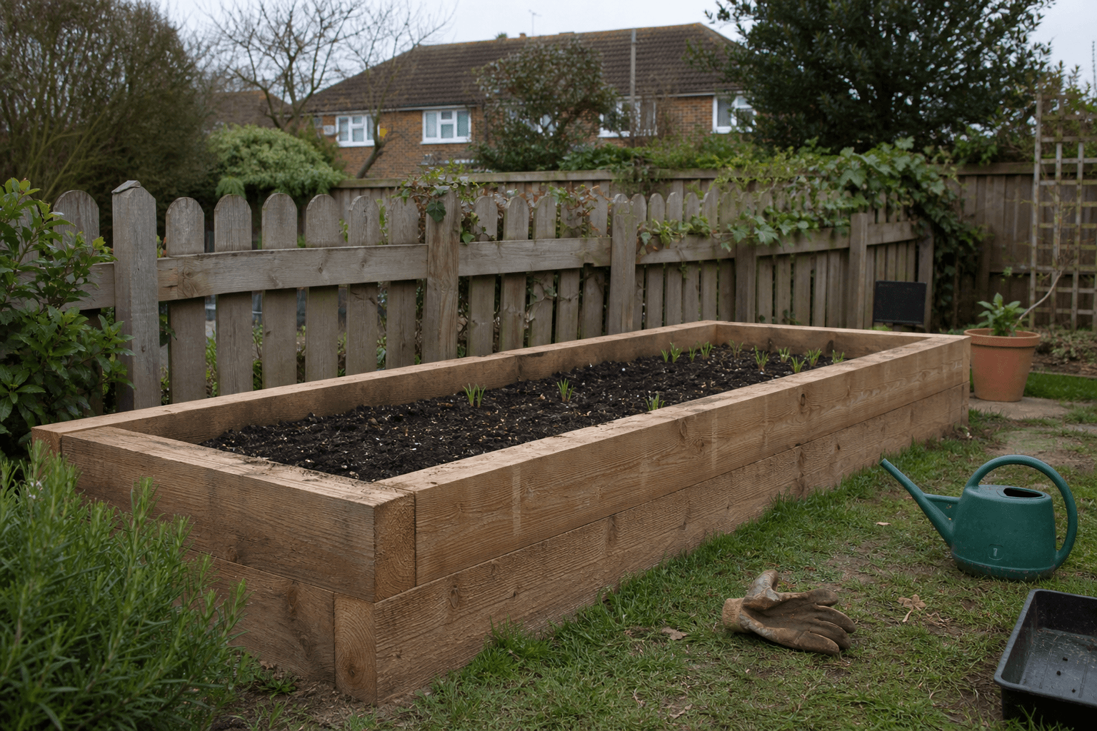 UK garden with oak sleeper raised bed in a suburban plot