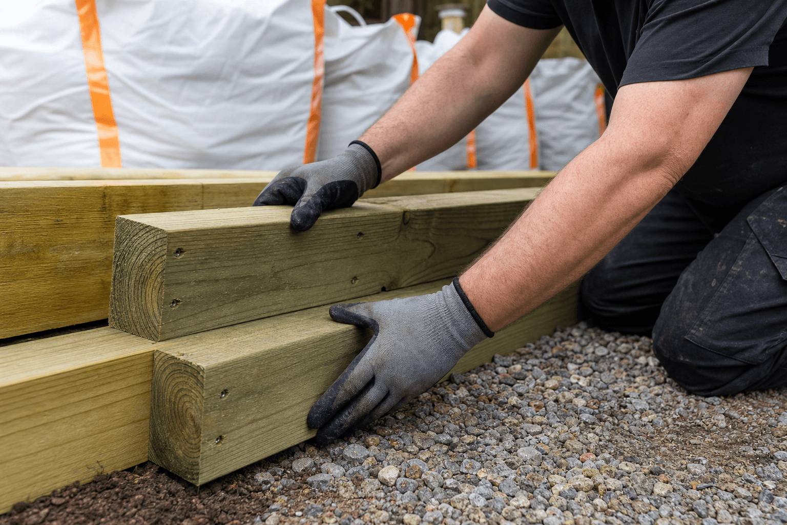 Homeowner stacking treated softwood garden sleepers for edging