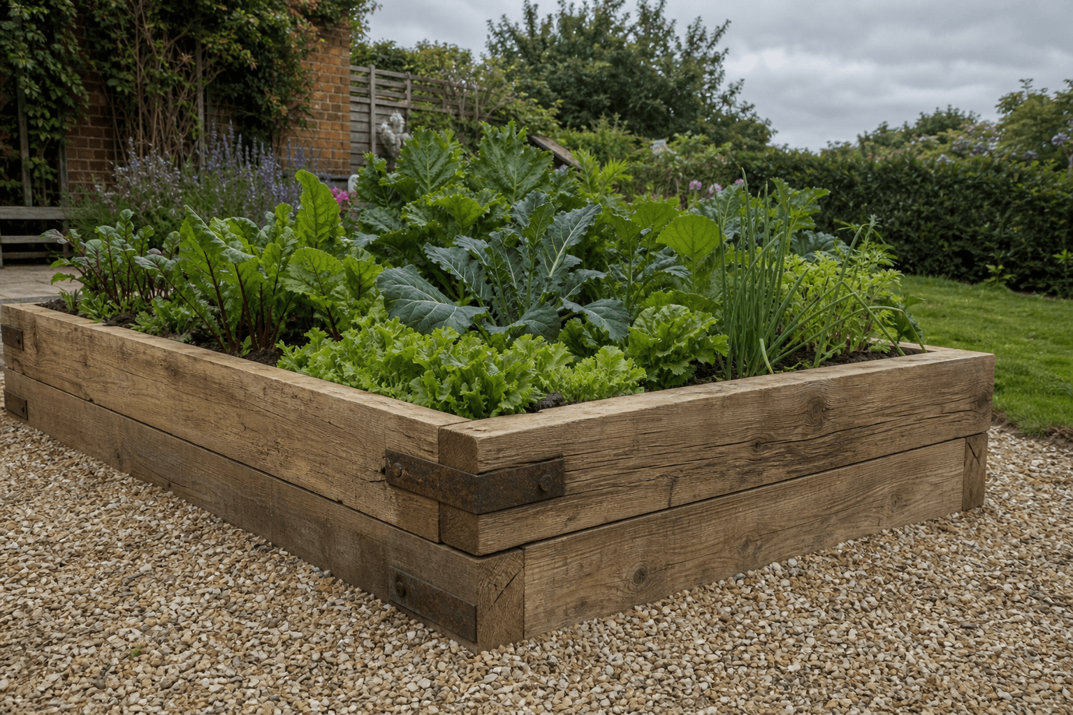 Oak sleeper raised vegetable bed in a UK garden