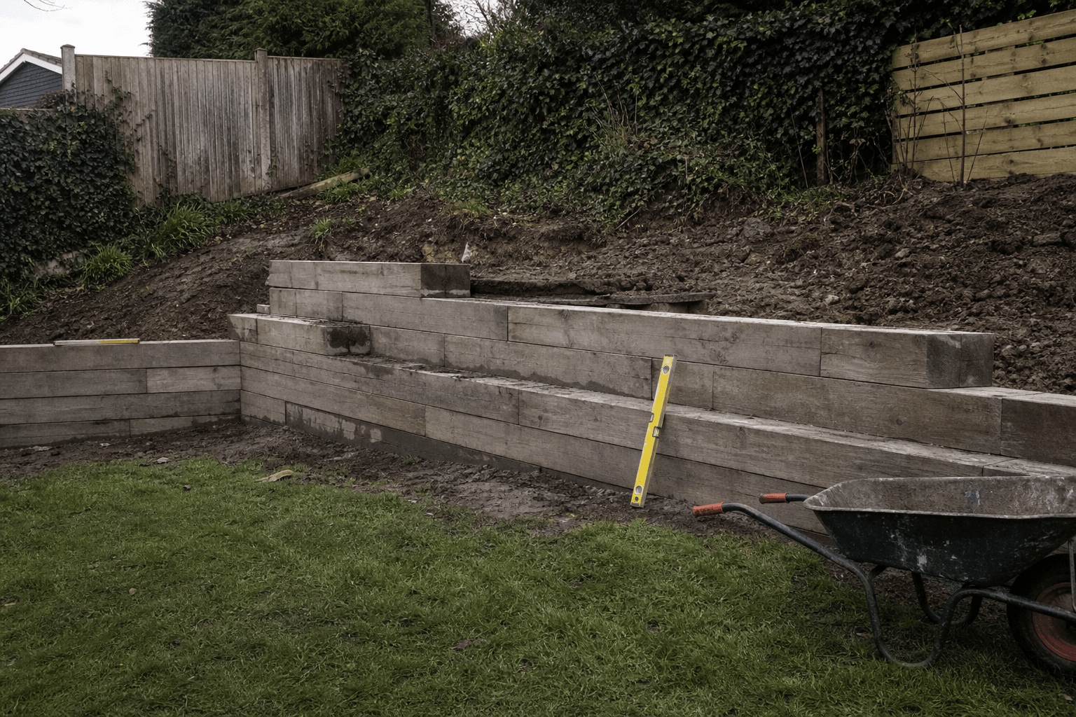 Concrete sleeper retaining wall on a sloped UK lawn