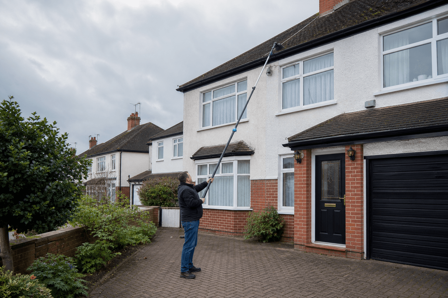 Homeowner cleaning gutters from the ground with a telescopic pole at a UK semi