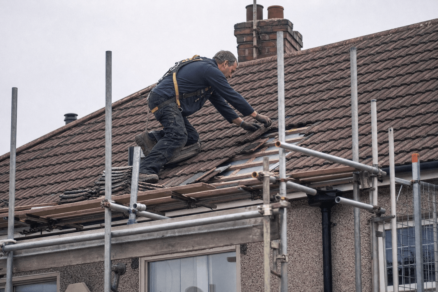 Professional roofer on scaffold replacing a tile on a UK semi-detached roof