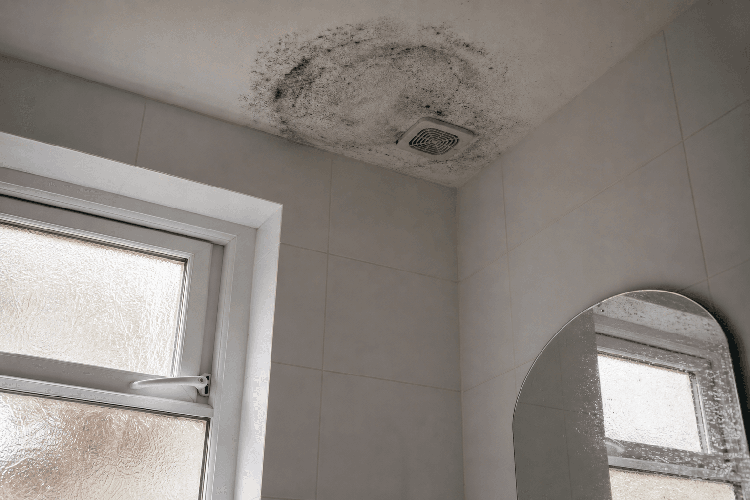 UK bathroom ceiling with mould ring near extractor fan, documentary photo