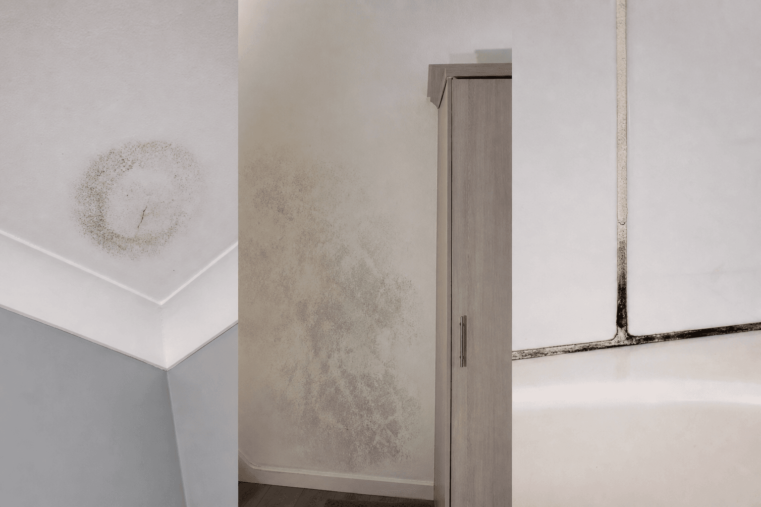 Comparison of ceiling mould, wall mould behind wardrobe, and darkened bath grout in a UK bathroom