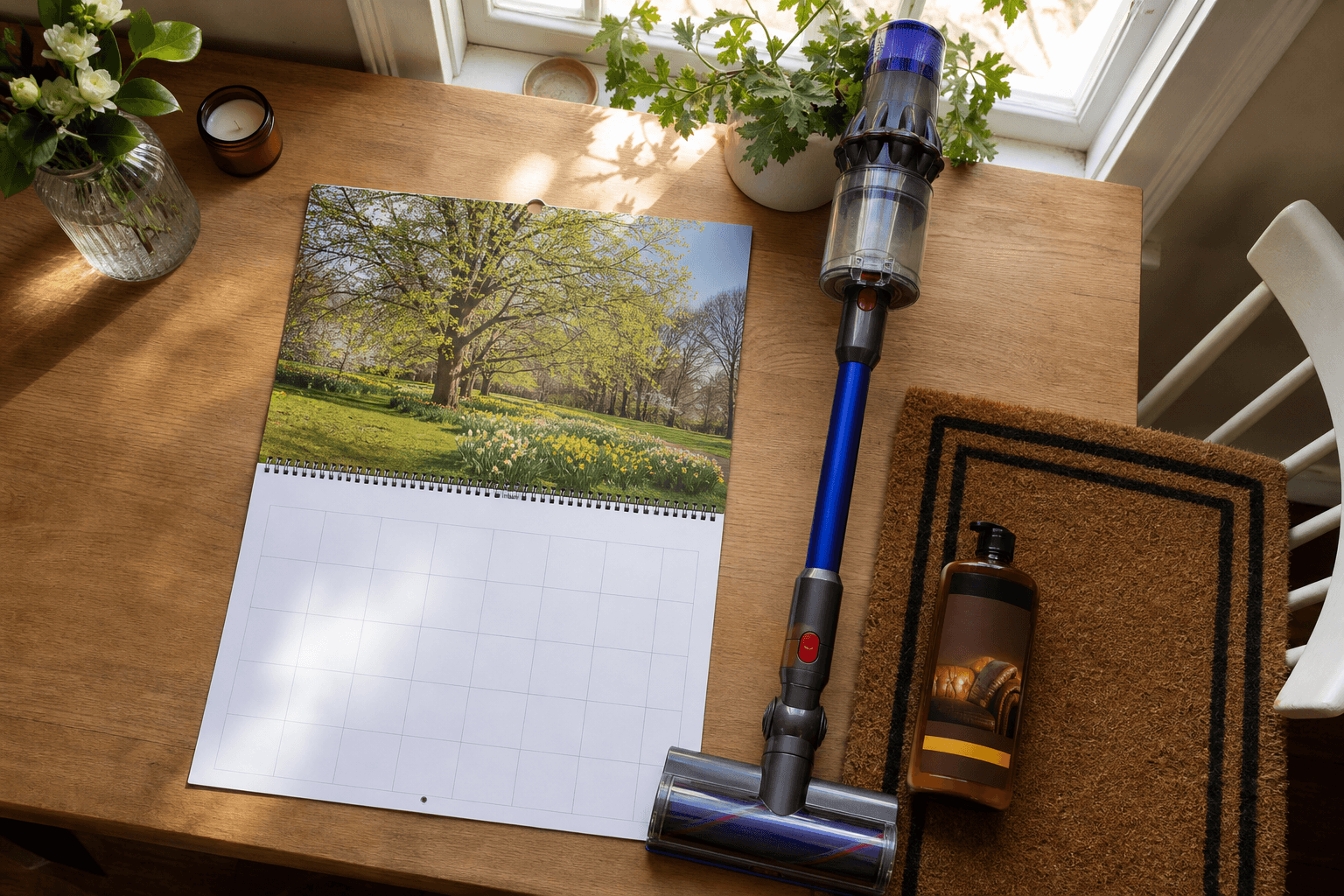 Flat-lay of UK carpet maintenance kit with calendar, vacuum and coir doormat