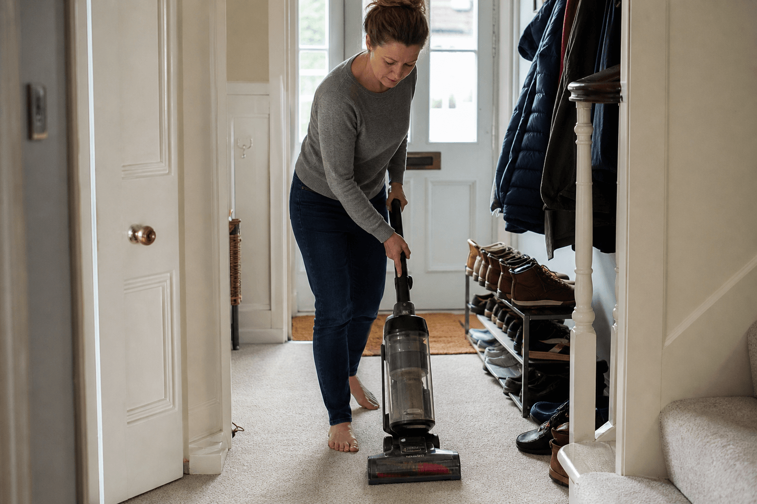 Homeowner vacuuming a wool carpet in a UK hallway with doormat