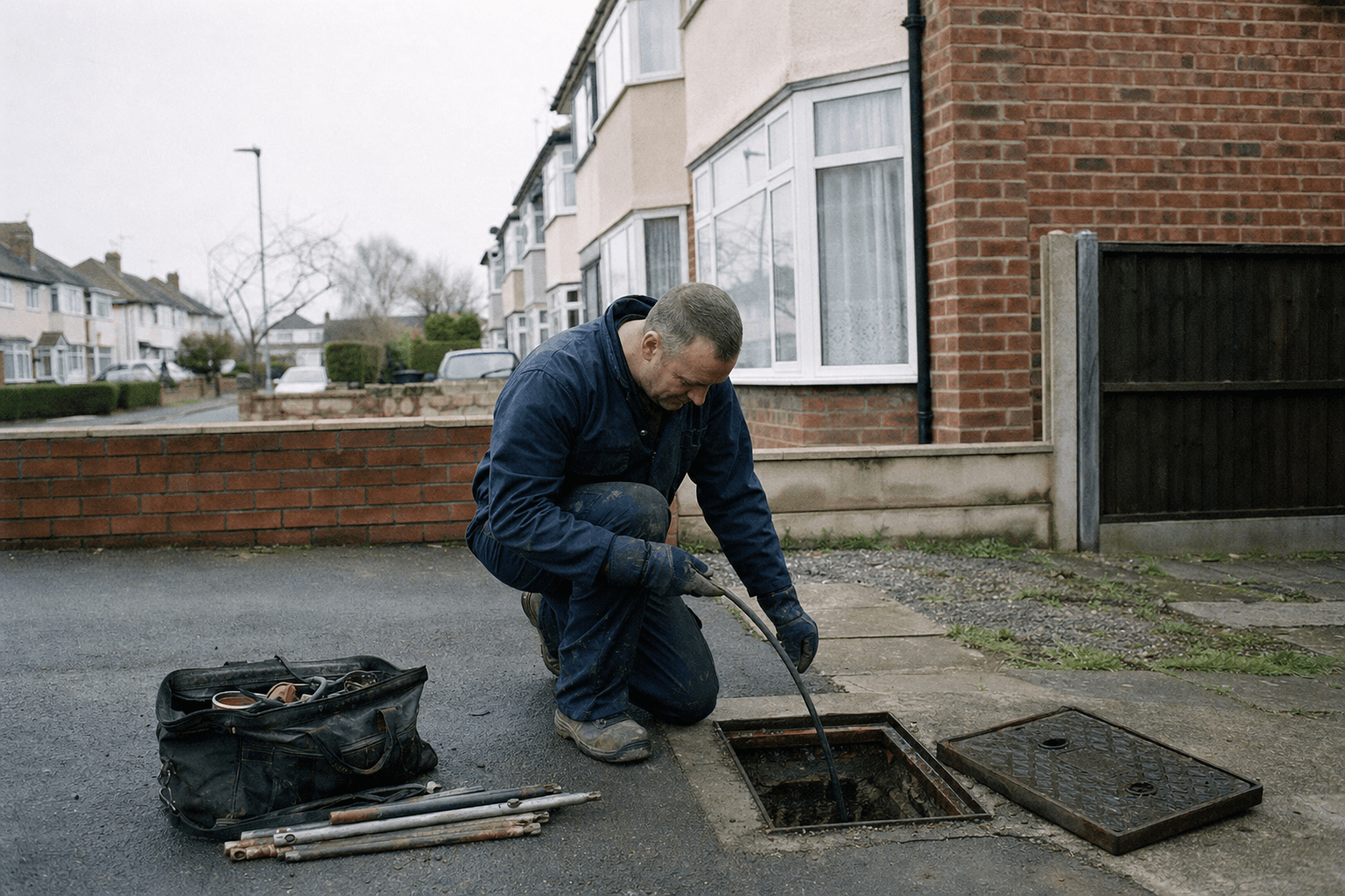 Plumber inspecting an outdoor drain cover at a UK terraced house