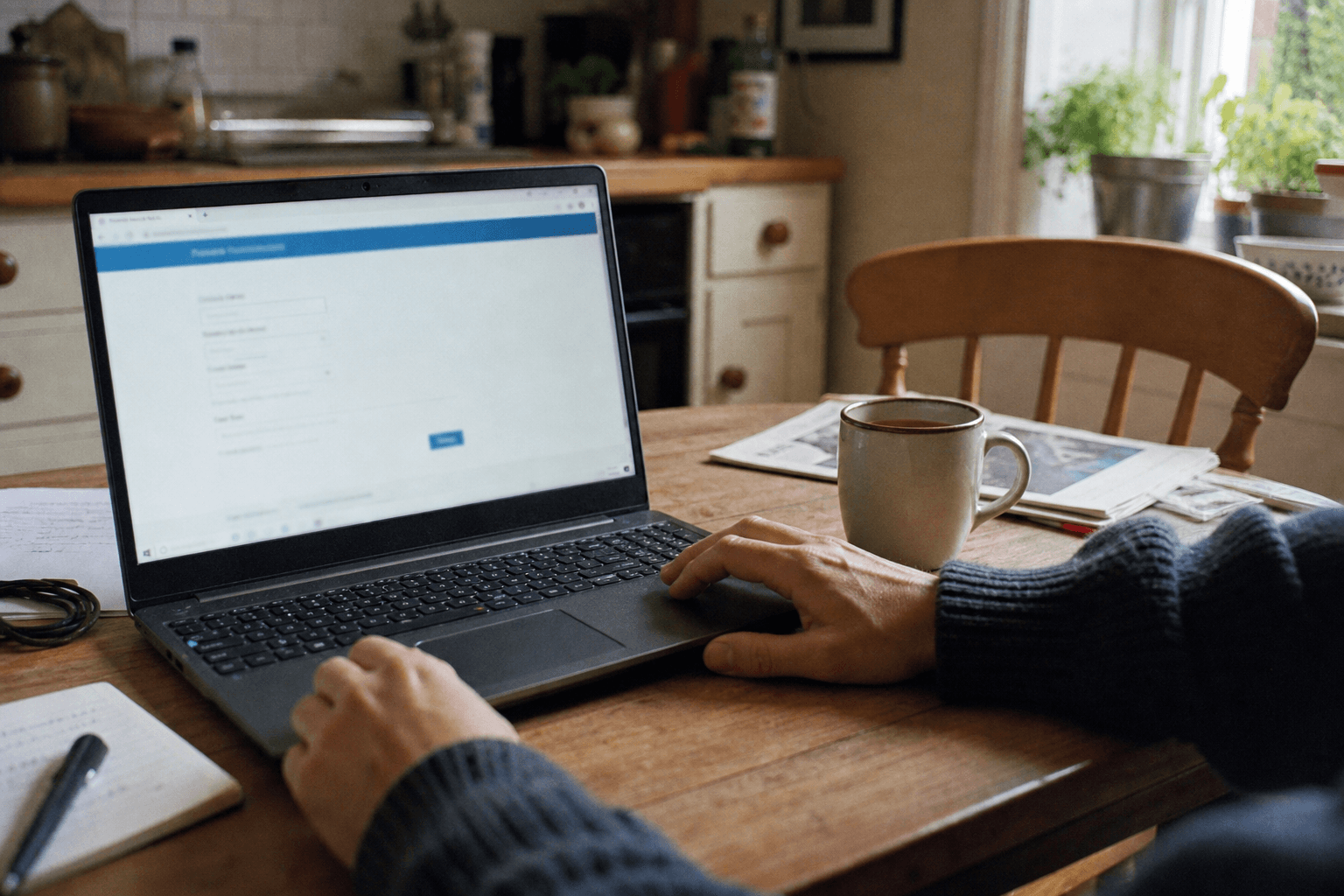 Laptop on a UK kitchen table for reporting a blocked drain online, with a mug of tea
