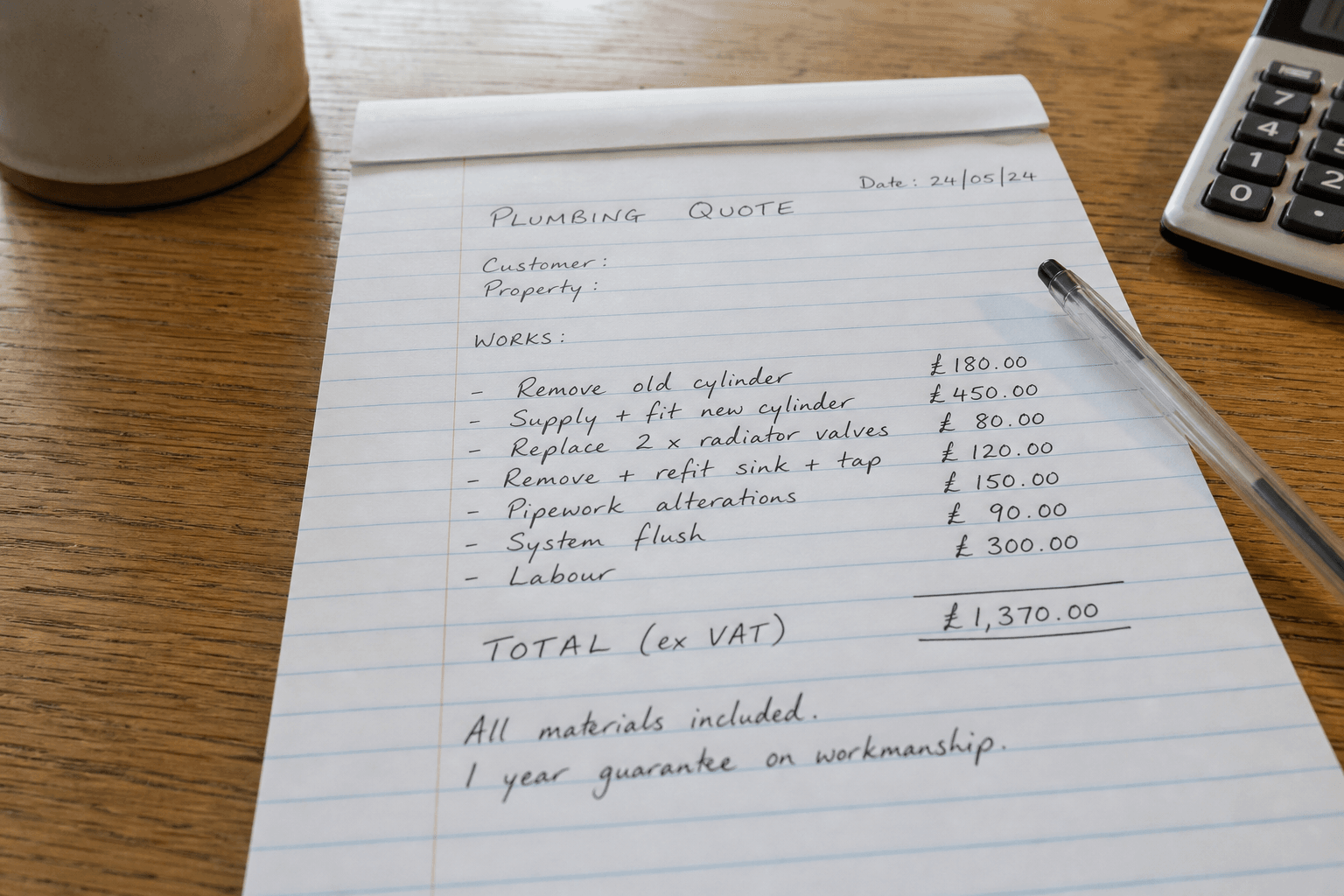 Handwritten plumbing quote with line items on a UK kitchen table