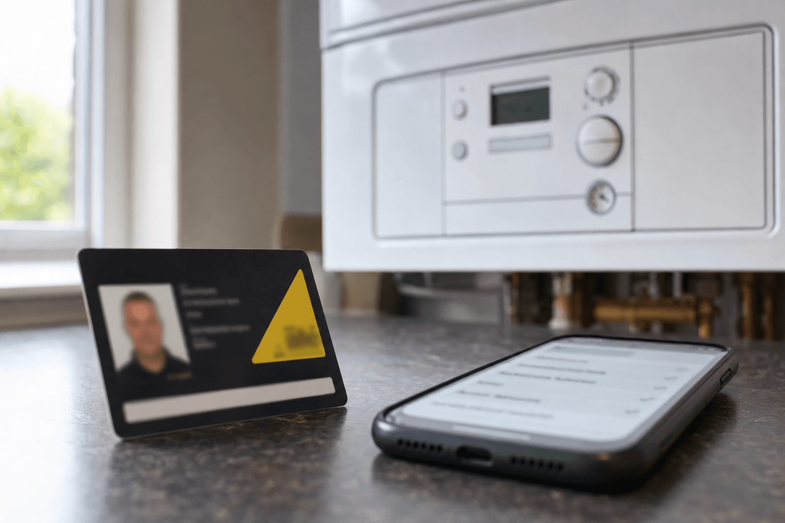Gas Safe ID card and boiler panel for verifying an engineer on the UK register