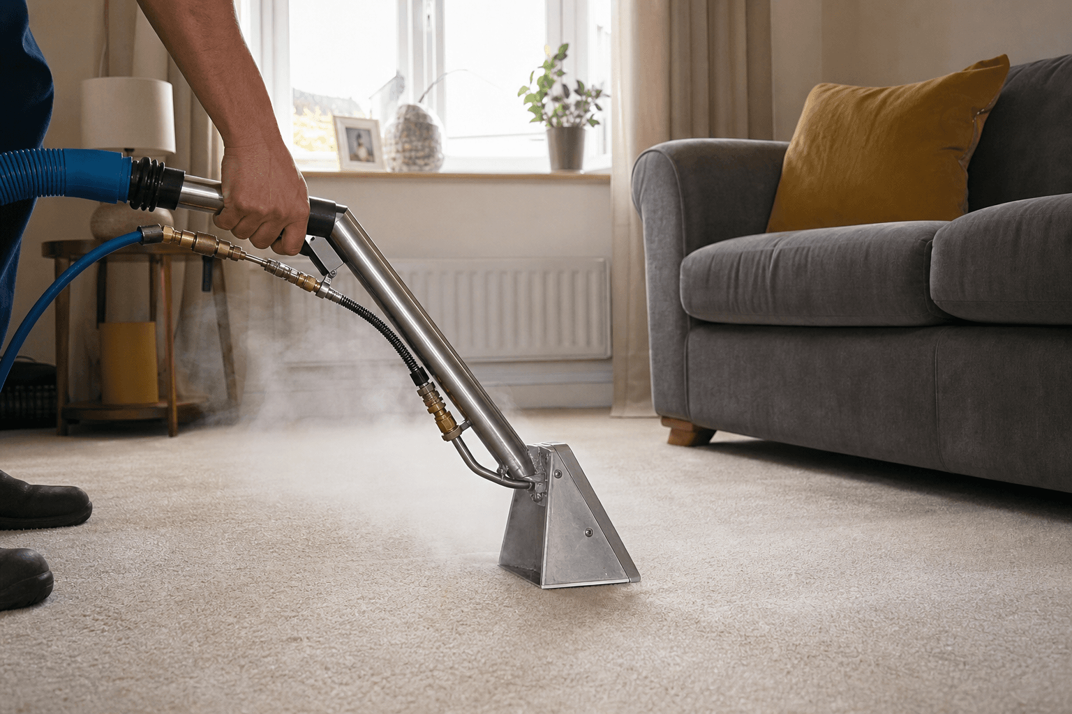 Professional hot-water extraction carpet cleaning wand on beige carpet in a UK home
