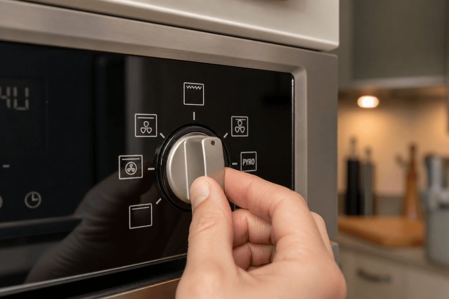 Close-up of UK oven control dial showing grill and pyrolytic symbols