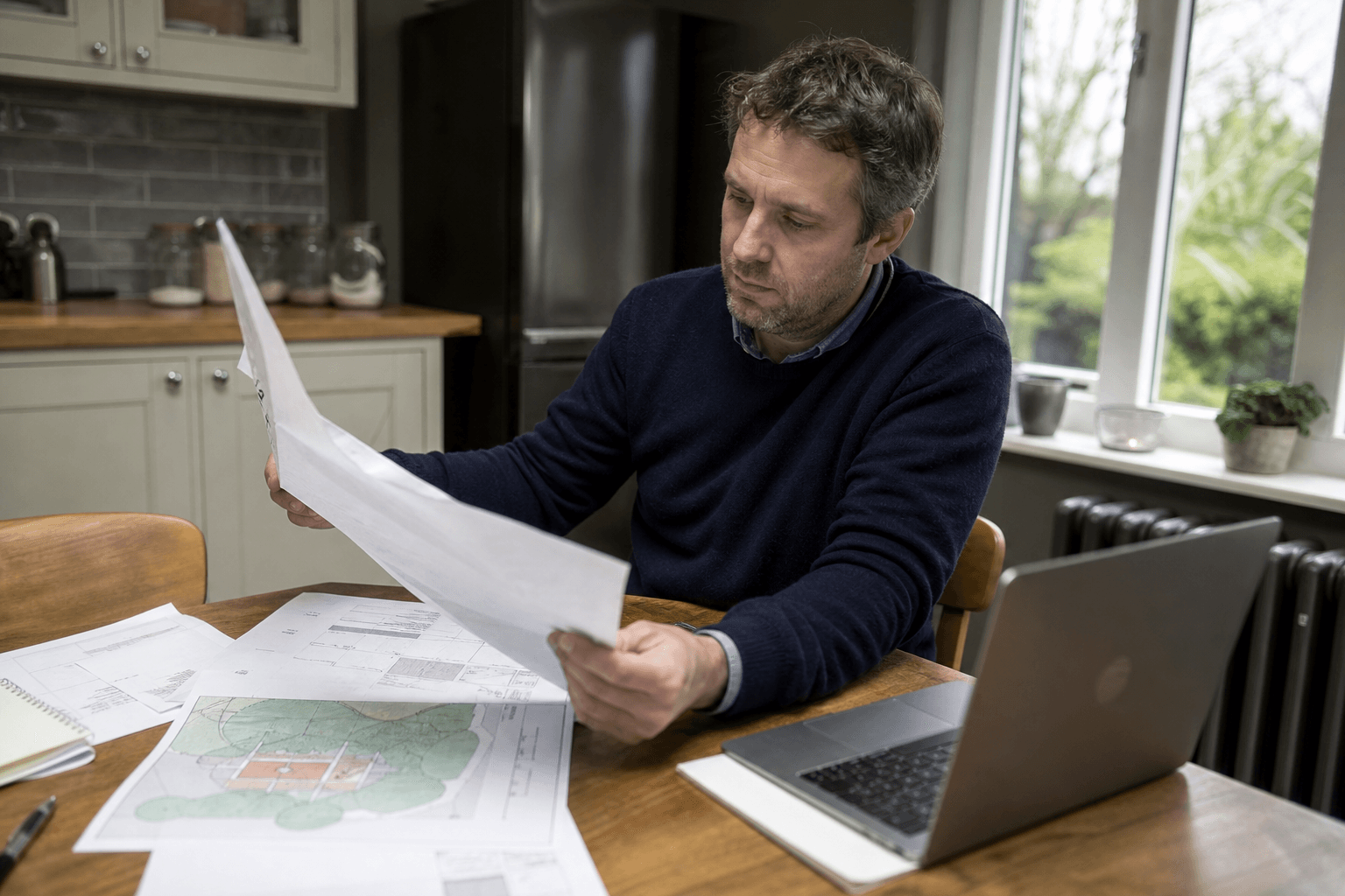 UK homeowner reviewing house extension planning documents at home