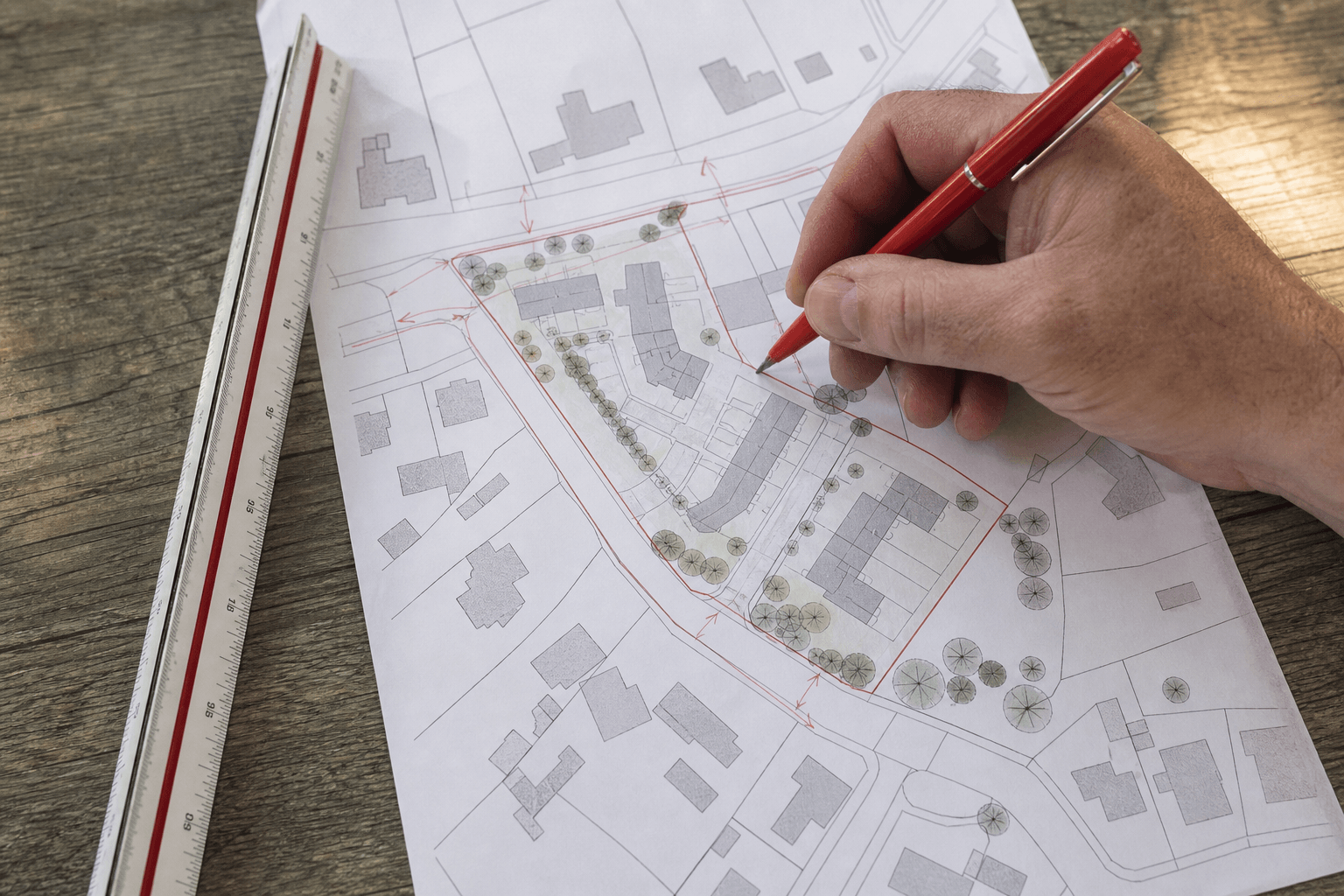 Architect annotating a measured site plan with a red pen and scale ruler