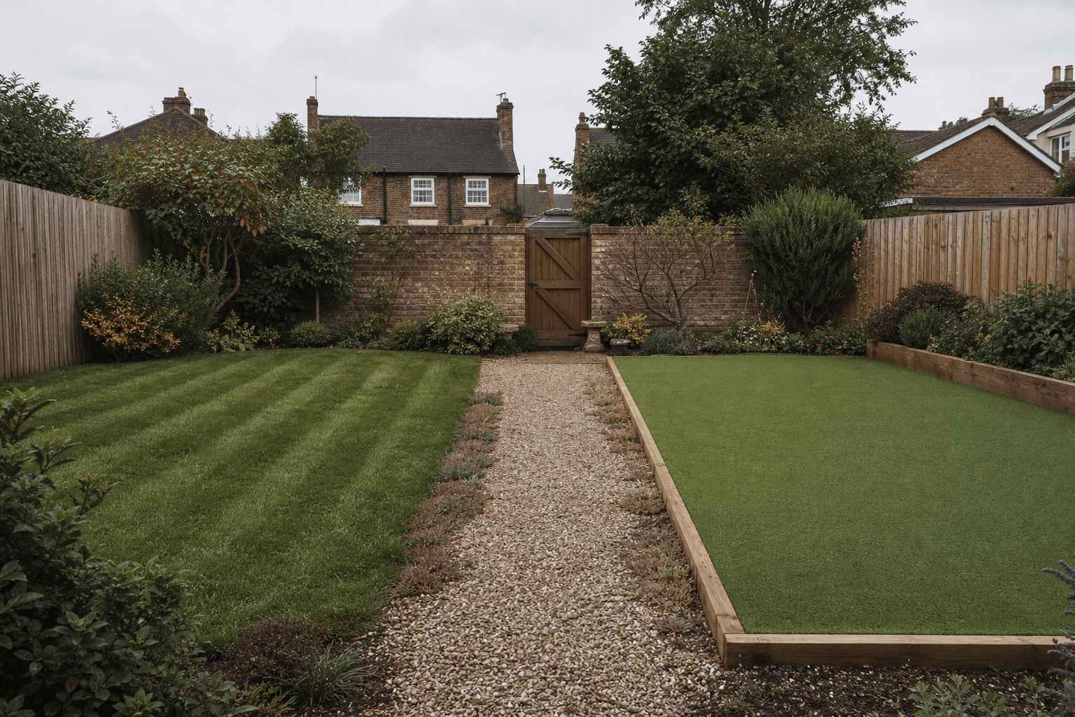 Split comparison of real lawn and artificial grass in a UK garden