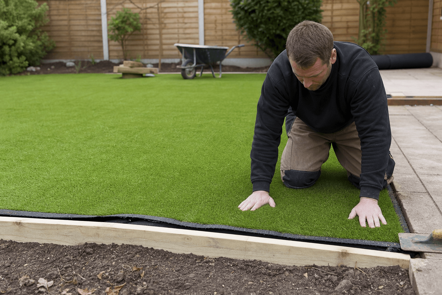 Artificial grass being laid on a UK garden base with timber edging